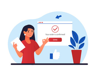 Order confirmed concept. Young girl buys goods on Internet, online shopping and cashless transfers. Electronic payment, modern technologies and digital world. Cartoon flat vector illustration