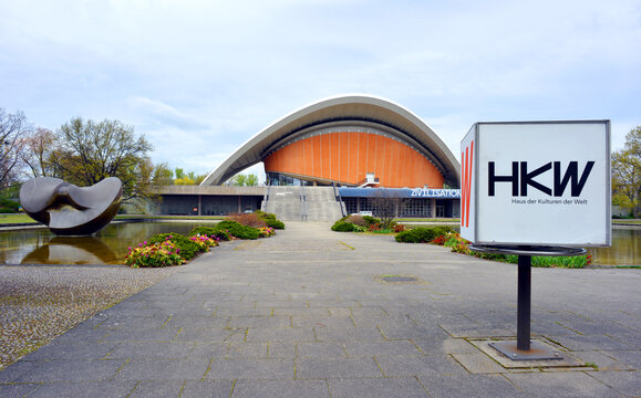 Berlin, Germany, house of the world cultures with sculpture and water bassin