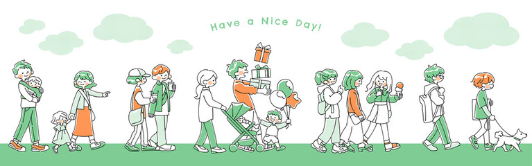 休日に道を歩く家族連れやカップル、友人、散歩をする人々