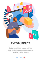 Buying goods on social media, e-commerce, app for internet shopping. Shopping website landing page template. Man chooses goods in online store. Purchase, order and cashless payment in internet shop