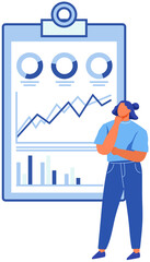 Analytics and development statistics. Web analysis measure, product testing technology. Woman analyses digital report. Statistical indicators and data on diagram. Graphic information visualization