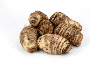 Taro Root, Pani Kachu, group isolated in extendable white  background, studio lighting, macro, tropical food, healthy food, 