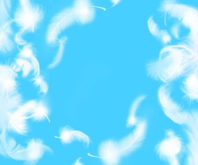 Fototapeta na wymiar illustration of flying angel's feathers in light blue background
