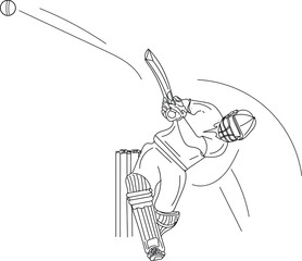 Outline sketch drawing of Indian legend Batsman cricket shot, Cricket Vector, Cricket logo, line art sketch illustration of batsman hitting sixer - obrazy, fototapety, plakaty