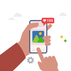 Hand holding smartphone with social media app. Post on social network illustration.