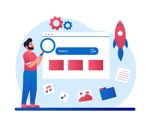 Man searching information. Man with magnifying glass analyzes information on Internet. Employee assesses prospects for development of company, start up or project. Cartoon flat vector illustration