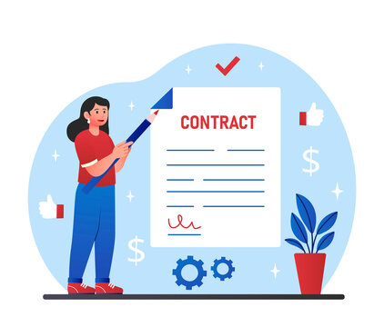 Signing contract concept. Young girl with pencil fills out document. Successful negotiations, businessman makes deal with investor. Partnership and financial literacy. Cartoon flat vector illustration