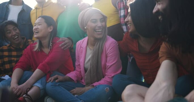 Young diverse people having fun outdoor laughing together - Diversity concept 