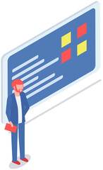 Man with clipboard giving presentation with information, flat style character wearing formal clothes. Male with documents in hand, data and charts at lecture. Manager present business presentation