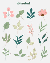 Collection of minimal leaf stickers. Planner stickers and scrapbook stickers design.