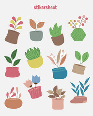Set of flat design abstract vector illustrations for plant stickers. Happy floral and leaf stickers for scrapbook, planner stickers design.