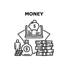 Money Wealth Vector Icon Concept. Money Wealth And Piggy Bank Or Internet Online Banking Account For Safe And Management Finance. Deposit And Investment Financial Service Black Illustration
