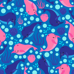 Summer colourful baby pattern, pink and blue little whales, blue background. Seamless pattern, kawaii, vector.