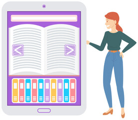 Lady choosing book with digital service for smartphone. Studying with archive of books concept. Electronic library, online book store, ebook in phone app. Woman selects literature in online library