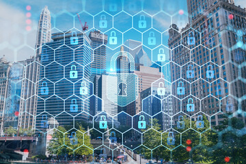 Panorama cityscape of Chicago downtown and Riverwalk, boardwalk with bridges at day time, Chicago, Illinois, USA. The concept of cyber security to protect companies confidential information
