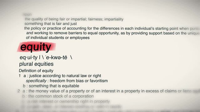 The Word Equity Red Highlighted in a Dictionary Animation