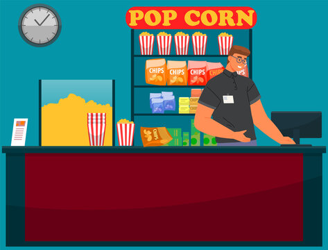 Man salls snacks and drinks for watching movie in cinema. Seller near stand with popcorn, chips and soda. Person works in food sales department of movie house. Cinema employee sells popcorn and drinks