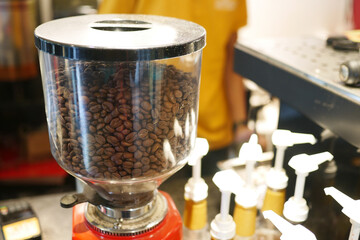 coffee beans in a glass container in a cafe 