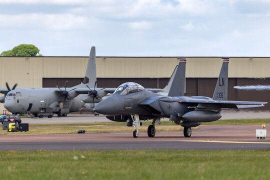 RAF Fairford, Gloucestershire, UK - July 14, 2014: United States Air Force (USAF) McDonnell Douglas F-15E Strike Eagle from the 494th Fighter Squadron, 48th Fighter Wing based at RAF Lakenheath.