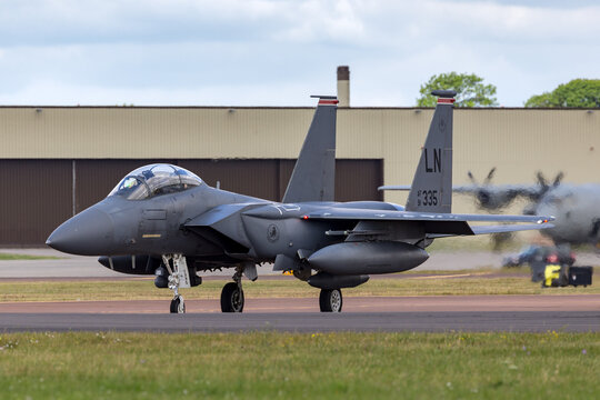 RAF Fairford, Gloucestershire, UK - July 14, 2014: United States Air Force (USAF) McDonnell Douglas F-15E Strike Eagle from the 494th Fighter Squadron, 48th Fighter Wing based at RAF Lakenheath.