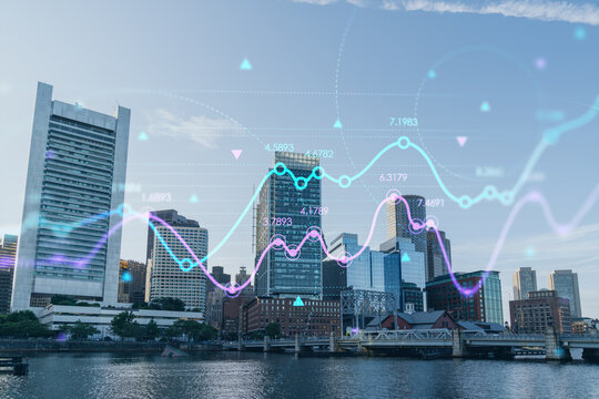 Panorama city view of Boston Harbor at day time, Massachusetts. Building exteriors of financial downtown. Glowing FOREX graph hologram. The concept of international trading and fundamental analysis - Powered by Adobe