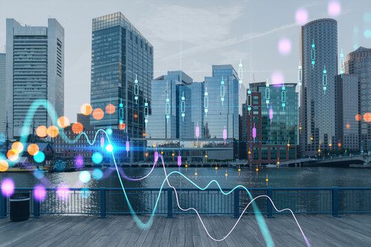 Panorama city view of Boston Harbor at day time, Massachusetts. Building exteriors of financial downtown. Glowing FOREX graph hologram. The concept of international trading and fundamental analysis