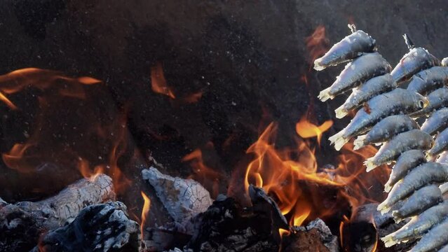 Sardines cooked on the fire. espeto, Malaga food traditional for vacation in the summer. mediterranean food