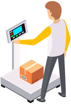 Measurement of weight of box with goods using scales. Warehouse worker is weighing cargo. Industrial goods weight scales. Logistic and distribution, parcel package, cardboard boxes on weigher