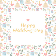 Square frame of wedding elements. Wedding card