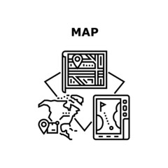 Map Navigation Vector Icon Concept. Digital Map Navigation Electronic Device And Paper Page For Finding Way Direction, For Searching Order Parcel Online And Plan Orientation Black Illustration