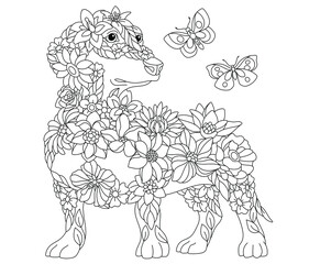 Floral adult coloring book page. Fairy tale dachshund dog. Ethereal animal consisting of flowers, leaves and butterflies.