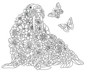 Floral adult coloring book page. Fairy tale walrus. Ethereal animal consisting of flowers, leaves and butterflies.