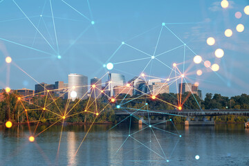 Panoramic view, Washington towards Arlington financial downtown, city skyline over Potomac River. Virginia, USA. Social media hologram. Concept of networking and establishing new people connections