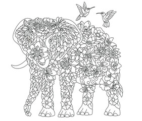 Floral adult coloring book page. Fairy tale elephant. Ethereal animal consisting of flowers, leaves and birds.