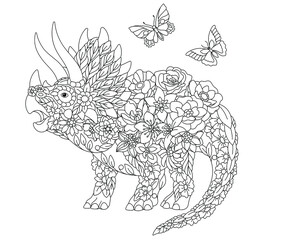 Floral adult coloring book page. Fairy tale triceratops dinosaur. Ethereal animal consisting of flowers, leaves and butterflies.