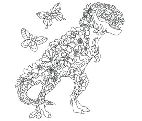 Floral adult coloring book page. Fairy tale tyrannosaurus rex dinosaur. Ethereal animal consisting of flowers, leaves and butterflies.