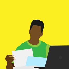 The guy works in the office with a laptop. preliminary illustration