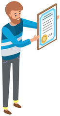 Man holds diploma, educational document. Piece of paper as symbol of graduation or victory in competition. Academic success at university. Higher education, graduation concept. Guy shows diploma