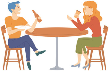 Married couple sitting in cafe drink tea or coffee. Woman and man spend time in cafeteria together. Friends relax and communicate. Friendship and joint pastime concept. People talking in coffee shop