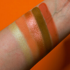 Eye shadow swatches, dry pigments, brush strokes on skin. Cosmetic makeup texture samples, smear...