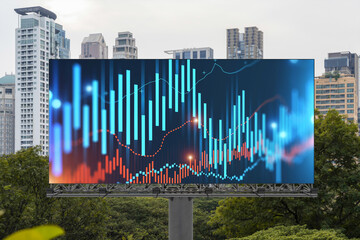 Forex and stock market chart hologram on road billboard over panorama city view of Bangkok. The financial center in Southeast Asia. The concept of international trading.