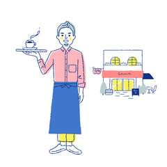 コーヒーを運ぶカフェ店員とカフェ