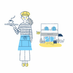 コーヒーを運ぶカフェ店員とカフェ