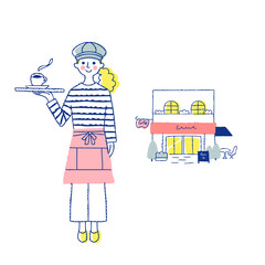 コーヒーを運ぶカフェ店員とカフェ
