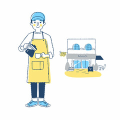 コーヒーを淹れるカフェ店員とカフェ