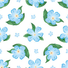 Blue Forget-Me-Not floral seamless pattern vector background. Beautiful backdrop of painterly gradient and line art mysotis flowers. Hand drawn botanical design. All over print for packaging