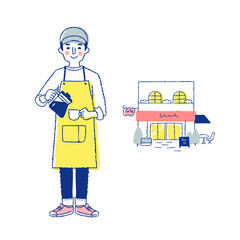 コーヒーを淹れるカフェ店員とカフェ