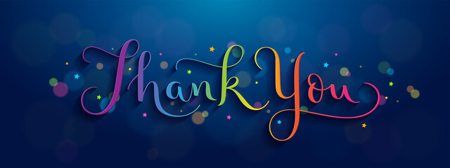THANK YOU vector brush calligraphy with flourishes and colorful bokeh lights and stars on dark blue background