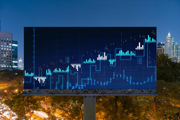 FOREX graph hologram on billboard, aerial night panoramic cityscape of Bangkok. The developed location for stock market researchers in Southeast Asia. The concept of fundamental analysis