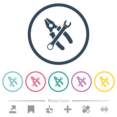 Combined pliers and wrench in crossed position flat color icons in round outlines